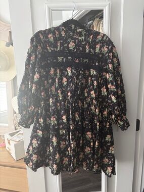 Pilcro Black Floral Smocked Casual Dress with Pink and Green Flowers